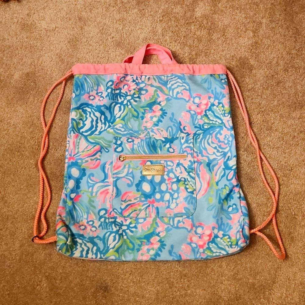 Lilly Pulitzer Drawstring Beach Backpack in "Aqua Vista"